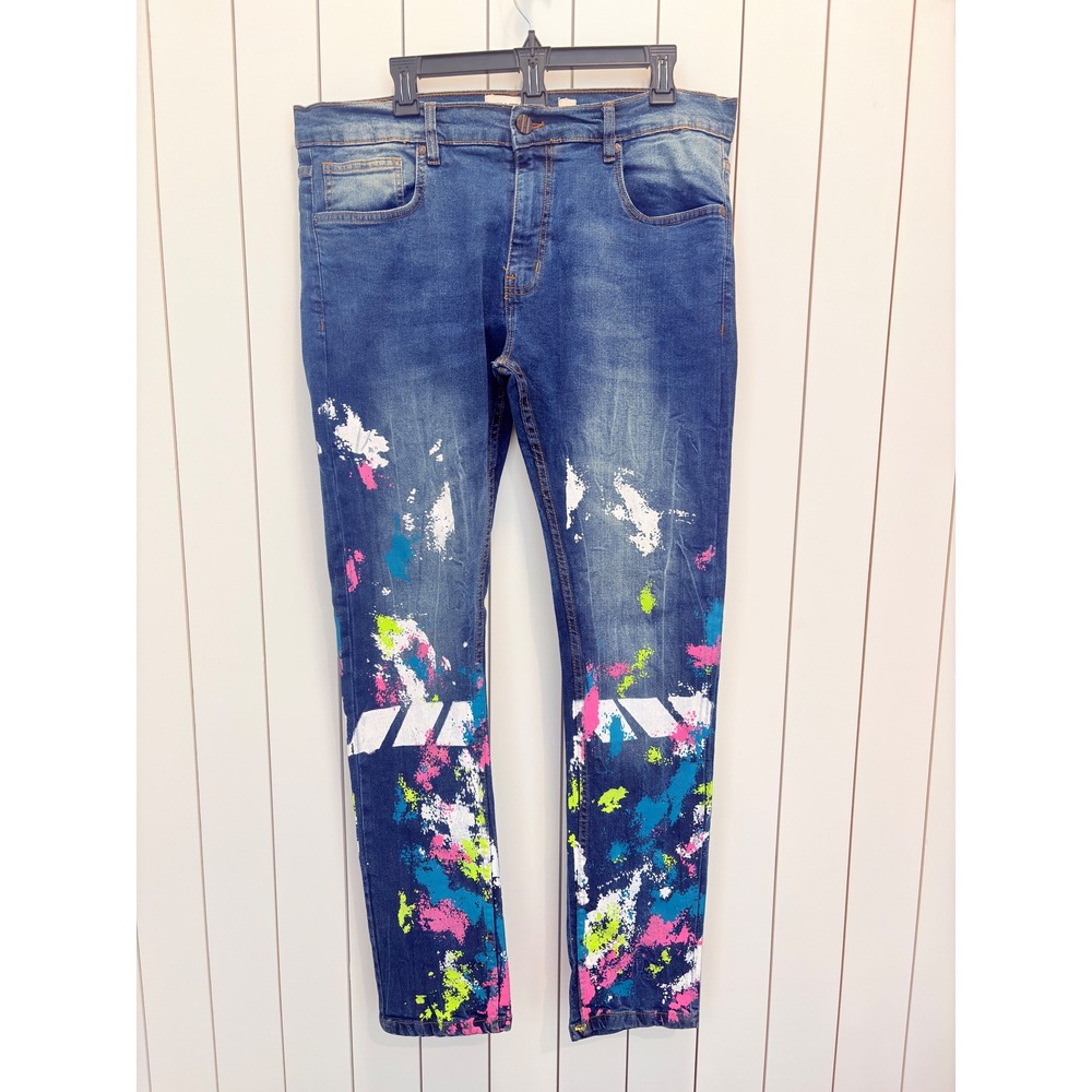 FWRD Streetwear Paint Splatter Jeans Men Blue Neon Graphic Art Festival Rave